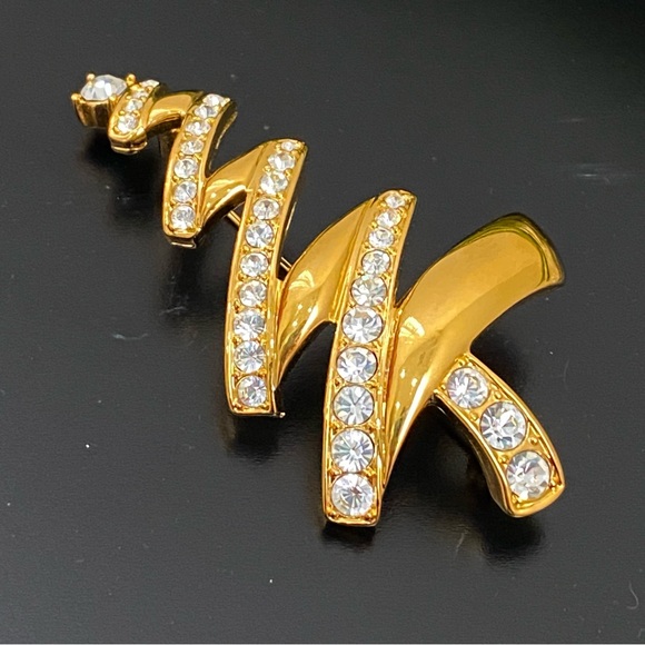 Vintage MONET Signed Gold-tone Clear Rhinestones Zigzag Tree Brooch 18g. - Picture 4 of 12